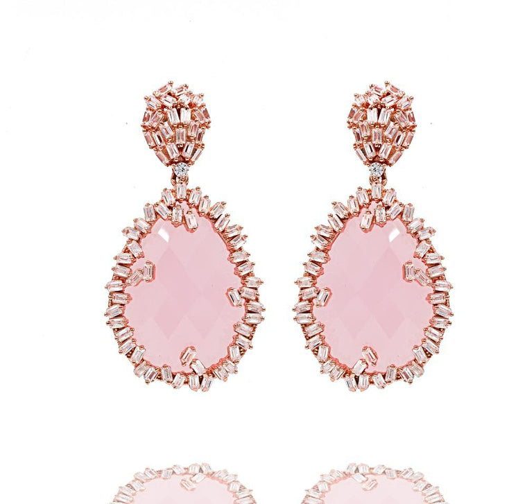 ER2331I-R STERLING SILVER 925 ROSE GOLD PLATED FINISH ROSE QUARTZ COLOR BAGUETTE DROP EARRINGS