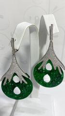 ER1882 STERLING SILVER 925 RHODIUM PLATED FINISH GREEN JADE DROP EARRINGS