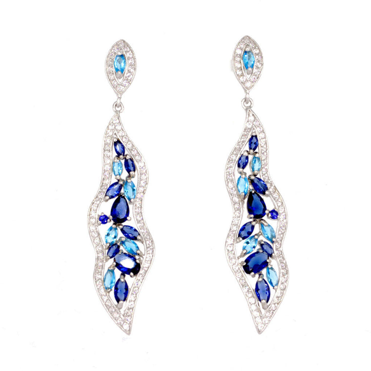 ZDE1401-BLUE STERLING SILVER 925 RHODIUM PLATED FINISH EARRINGS WITH CZ