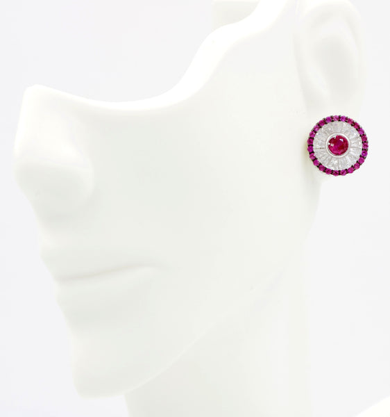 ZDE0600-RR STERLING SILVER 925 RHODIUM PLATED ROUND BAGUETTE POST EARRINGS