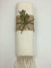 Pashmina as a Favor.Pashmina decorated with Burlap Ribbon and a Bunch of Dead Leaves
