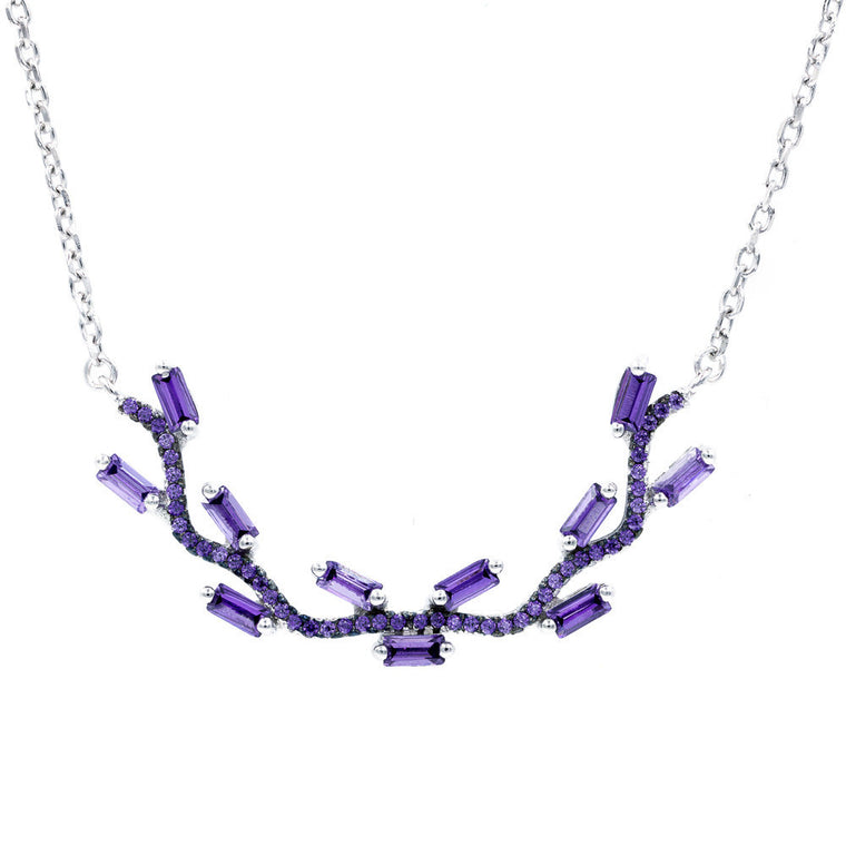 NC2072P STERLING SILVER 925 RHODIUM PLATED FINISH AMETHYST COLOR CZ  NECKLACE 16