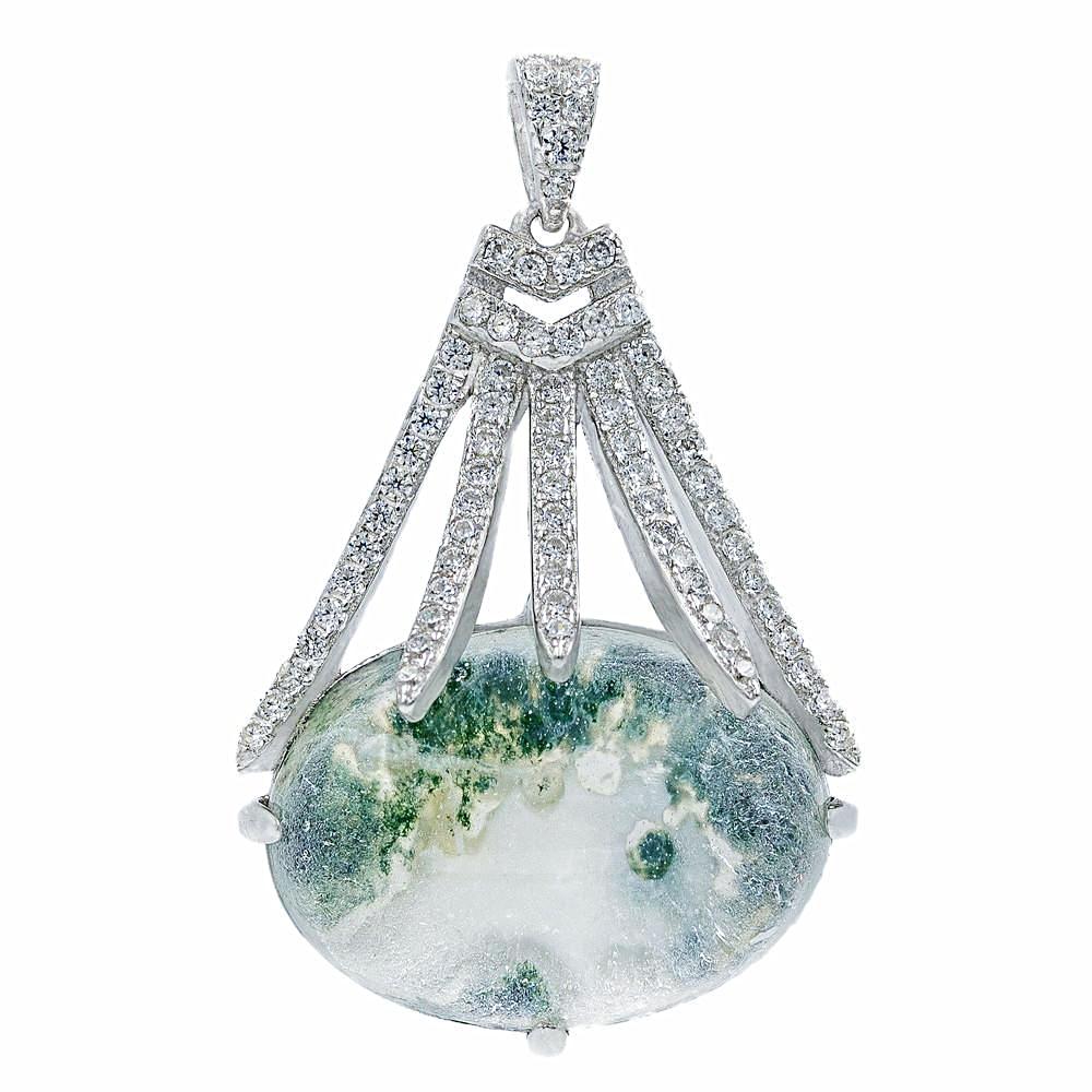 PA2155G STERLING SILVER 925 RHODIUM PLATED MOSS AGATE AND CZ PENDANT