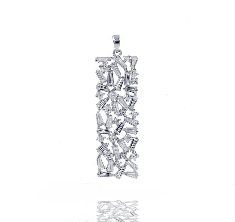 PA2372W STERLING SILVER 925 RHODIUM PLATED FINISH BAGUETTE DROP PENDANT