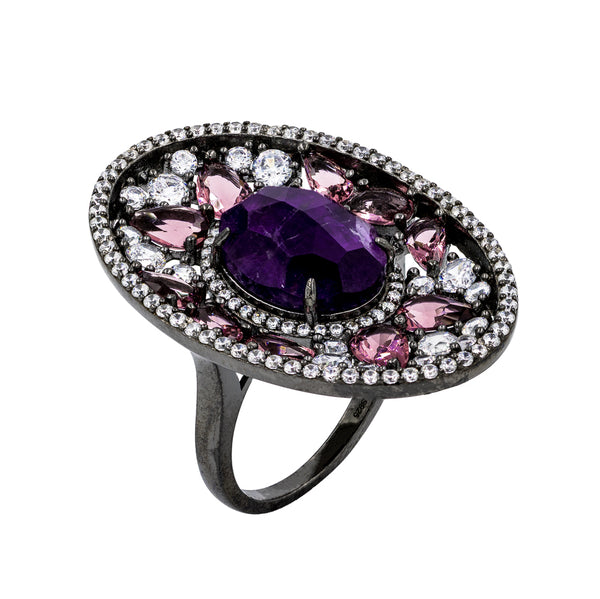 RI1953P-B STERLING SILVER 925 BLACK RHODIUM PLATED FINISH AMETHYST FANCY RING