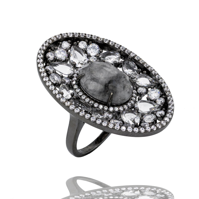 RI1953S STERLING SILVER 925 BLACK RHODIUM PLATED FINISH GRAY AGATE FANCY RING