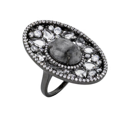 RI1953S STERLING SILVER 925 BLACK RHODIUM PLATED FINISH GRAY AGATE FANCY RING