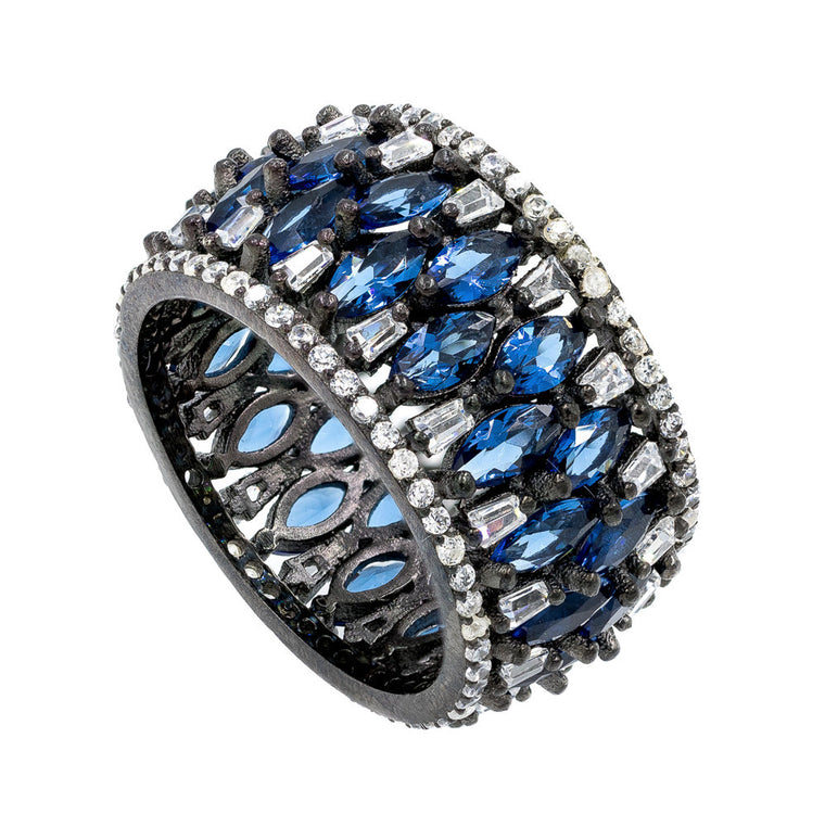 RI2143WN-B  STERLING SILVER 925 BLACK RHODIUM PLATED FINISH BLUE SAPPHIRE CZ RING