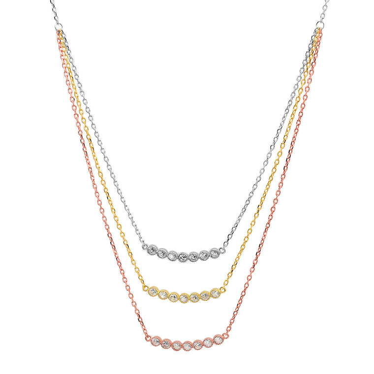 ZDN1711 STERLING SILVER 925 RHODIUM-GOLD-ROSE GOLD PLATED FINISH 3 BAR DESIGN CZ NECKLACE