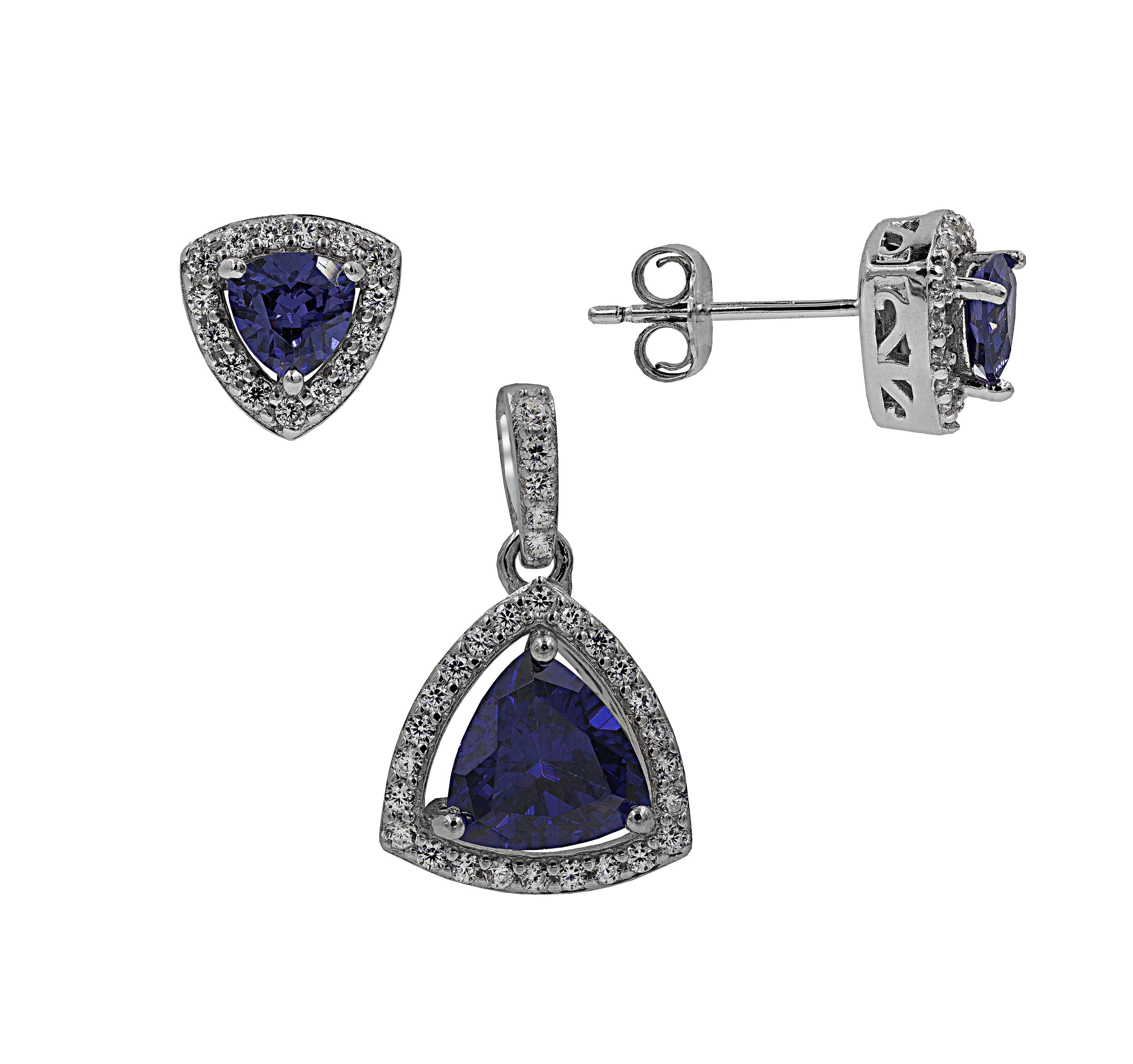 ZDS2101-B STERLING SILVER 925 RHODIUM PLATED FINISN BLUE SAPPHIRE CUBIC ZIRCONIA SET