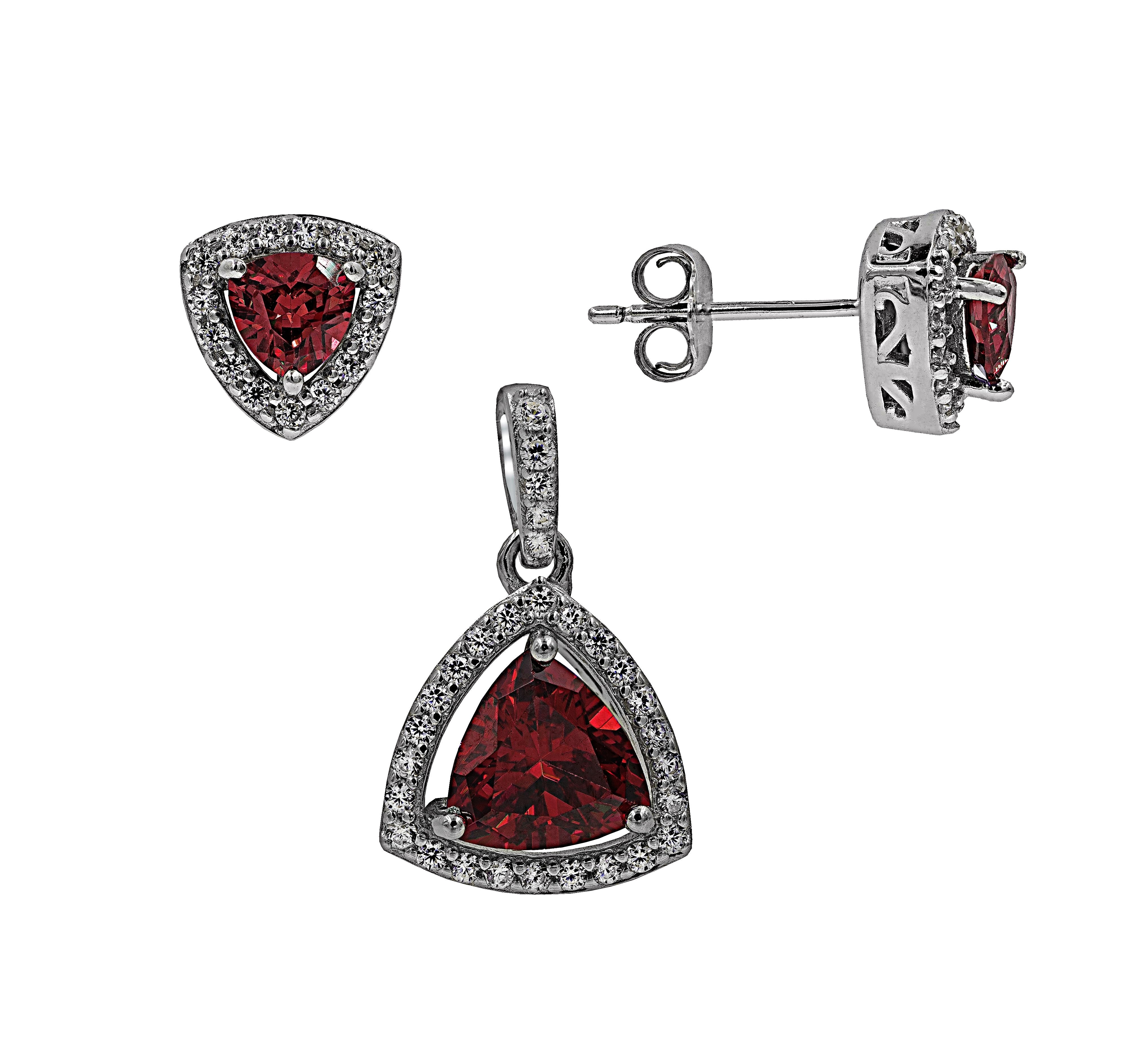 ZDS2101-R STERLING SILVER 925 RHODIUM PLATED FINISN RED CUBIC ZIRCONIA SET