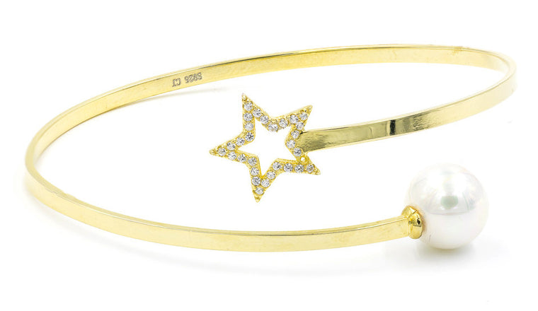 ZDB128-G STERLING SILVER 925 GOLD PLATED FINISH STAR AND PEARL BANGLE