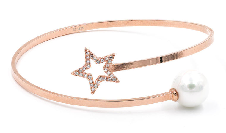 ZDB128-RG STERLING SILVER 925 ROSE GOLD PLATED FINISH STAR AND PEARL BANGLE