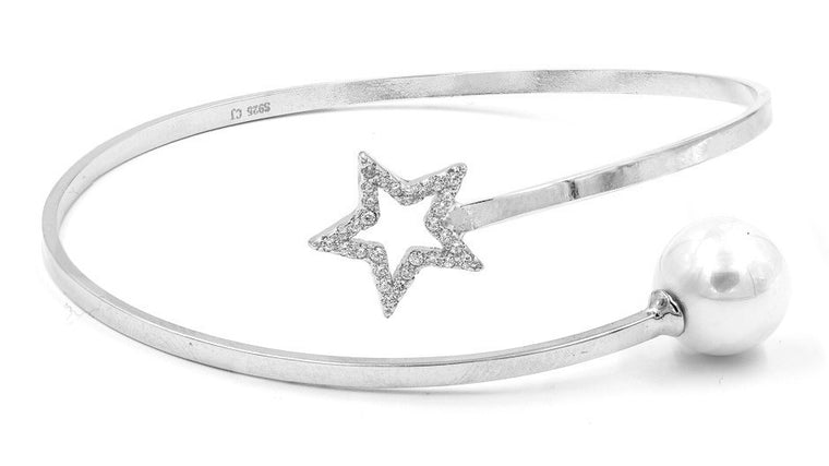 ZDB128 STERLING SILVER 925 RHODIUM PLATED FINISH STAR AND PEARL BANGLE