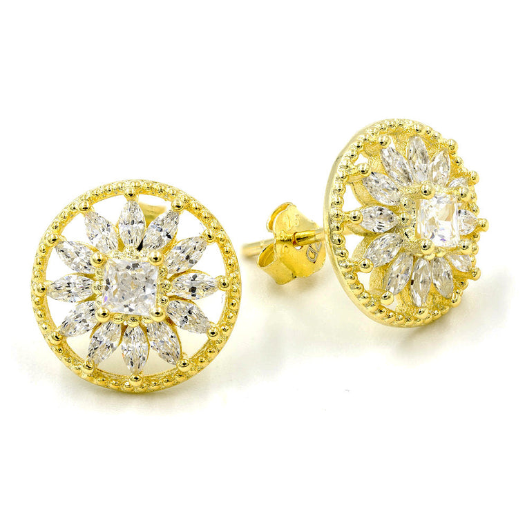 ZDE0305-G  STERLING SILVER 925 GOLD PLATED FINISH ROUND CZ POST EARRINGS
