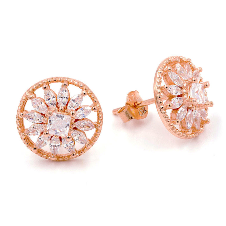 ZDE0305-RG  STERLING SILVER 925 ROSE GOLD PLATED FINISH ROUND CZ POST EARRINGS