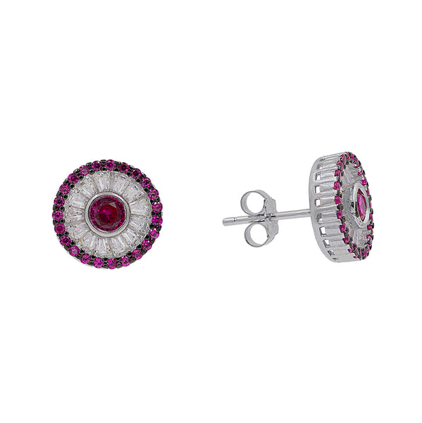 ZDE0600-RR STERLING SILVER 925 RHODIUM PLATED ROUND BAGUETTE POST EARRINGS