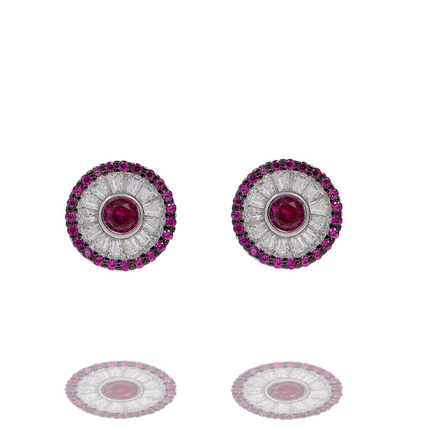 ZDE0600-RR STERLING SILVER 925 RHODIUM PLATED ROUND BAGUETTE POST EARRINGS