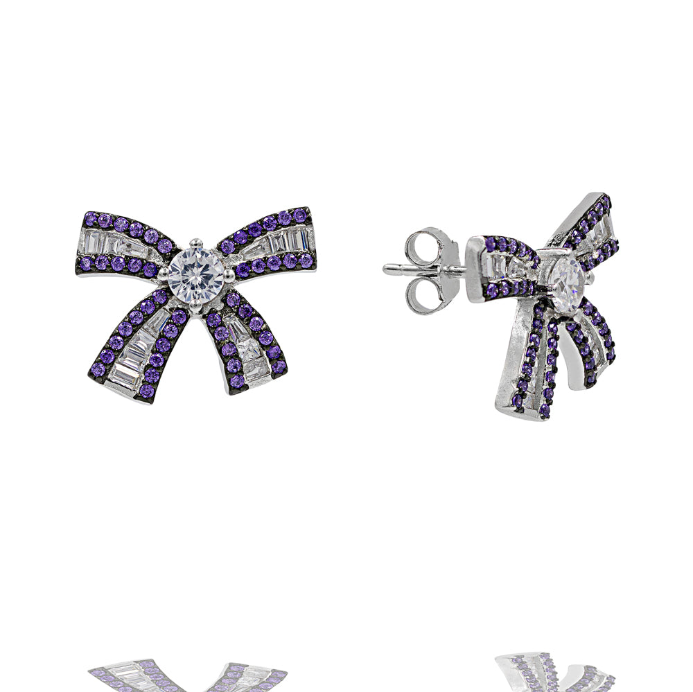 ZDE0787-A STERLING SILVER 925 RHODIUM PLATED BAGUETTE BOW EARRINGS