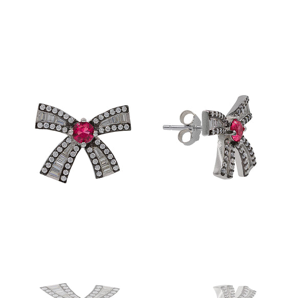 ZDE0787-R  STERLING SILVER 925 RHODIUM PLATED BAGUETTE BOW DESIGN STUD EARRINGS