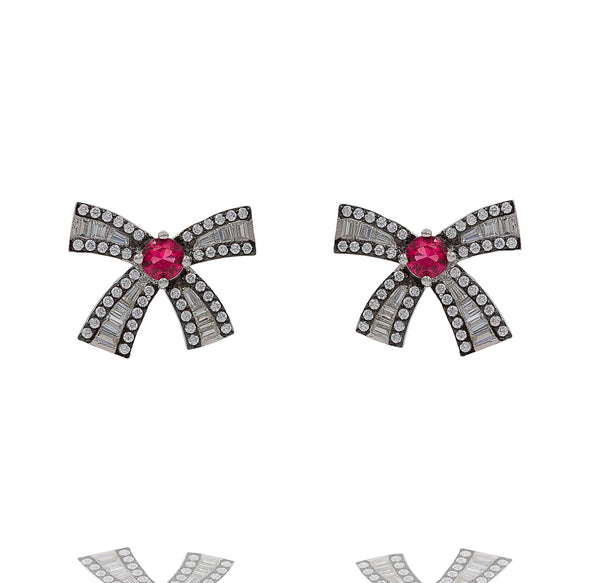 ZDE0787-R  STERLING SILVER 925 RHODIUM PLATED BAGUETTE BOW DESIGN STUD EARRINGS