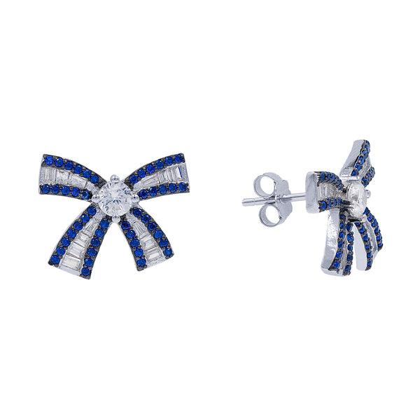 ZDE0787-S STERLING SILVER 925 RHODIUM PLATED BAGUETTE BOW DESIGN STUD EARRINGS