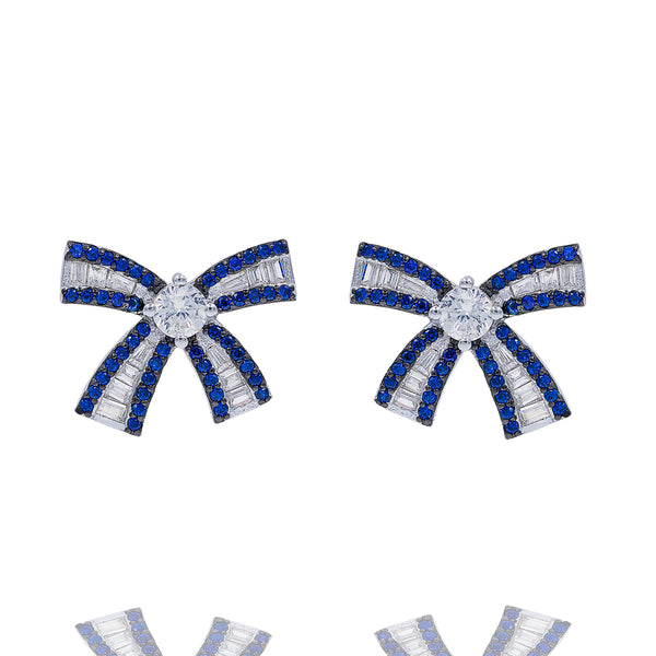 ZDE0787-S STERLING SILVER 925 RHODIUM PLATED BAGUETTE BOW DESIGN STUD EARRINGS