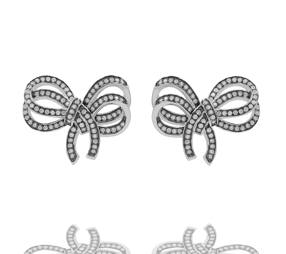 ZDE1106-RW STERLING SILVER 925 RHODIUM PLATED BOW DESIGN STUD EARRINGS