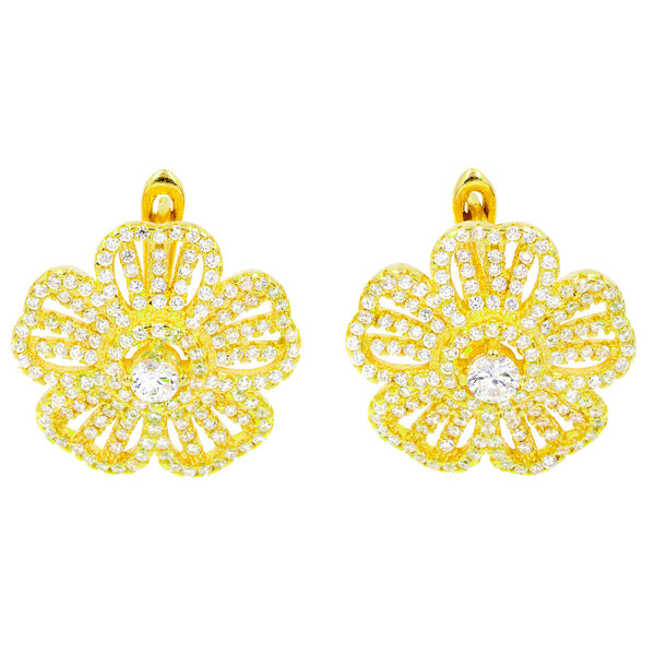 ZDE1459-G STERLING SILVER 925 GOLD PLATED FINISH FLOWER CLEAR WHITE CZ EARRINGS