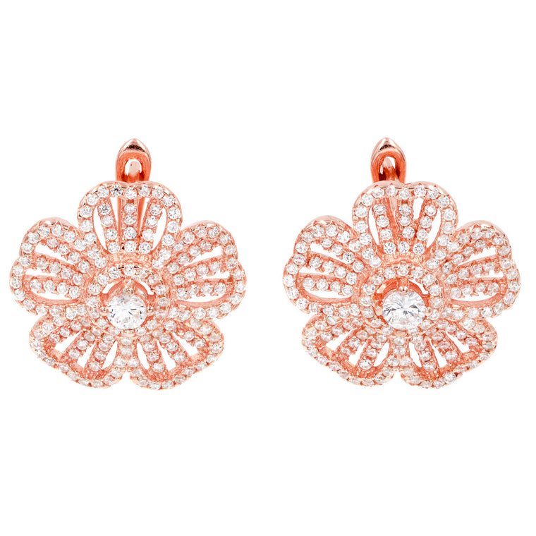 ZDE1459-R STERLING SILVER 925 ROSE GOLD PLATED FINISH FLOWER CLEAR WHITE CZ EARRINGS