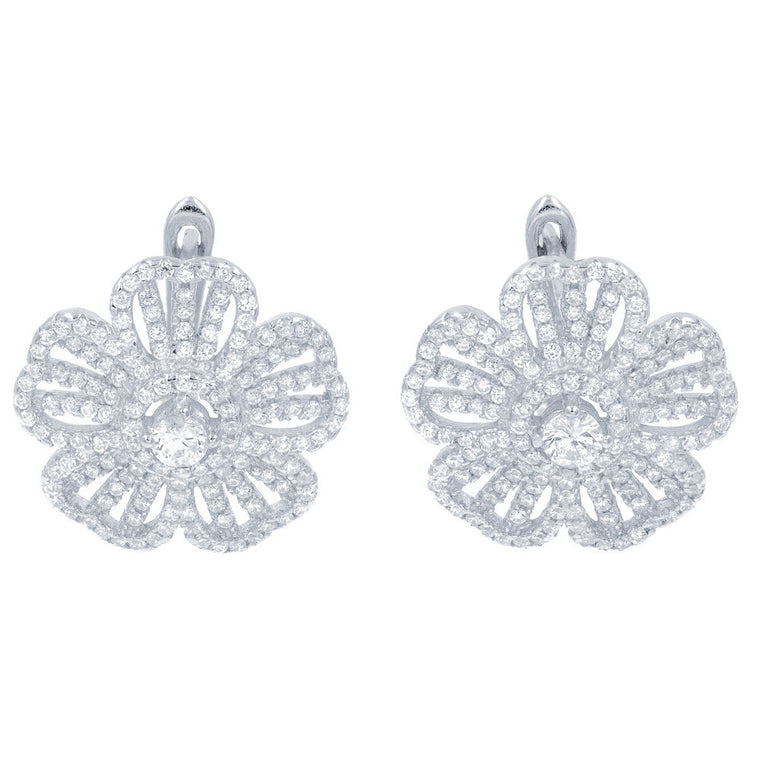 ZDE1459 STERLING SILVER 925 RHODIUM PLATED FINISH FLOWER CLEAR WHITE CZ EARRINGS