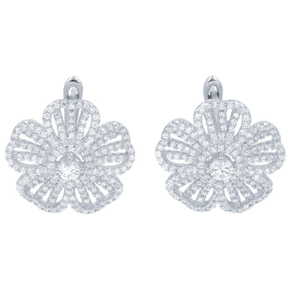 ZDE1459 STERLING SILVER 925 RHODIUM PLATED FINISH FLOWER CLEAR WHITE CZ EARRINGS