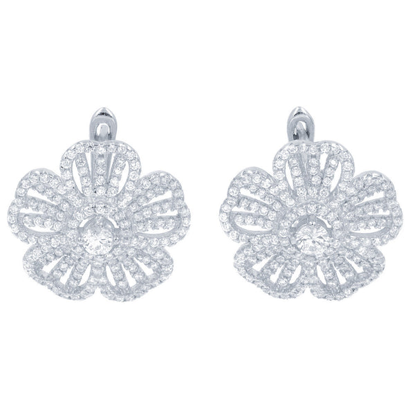 ZDE1459 STERLING SILVER 925 RHODIUM PLATED FINISH FLOWER CLEAR WHITE CZ EARRINGS
