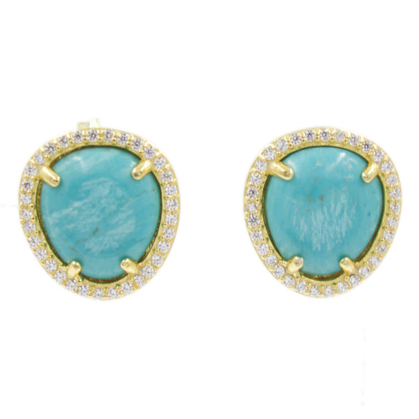 ZDE1523-G Sterling Silver 925 Gold Plated Prong Setting Turquoise Stud Earrings with Cz