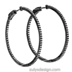 ER2183W-B STERLING SILVER 925 BLACK RHODIUM WHITE CZ HOOP EARRINGS 41 MM