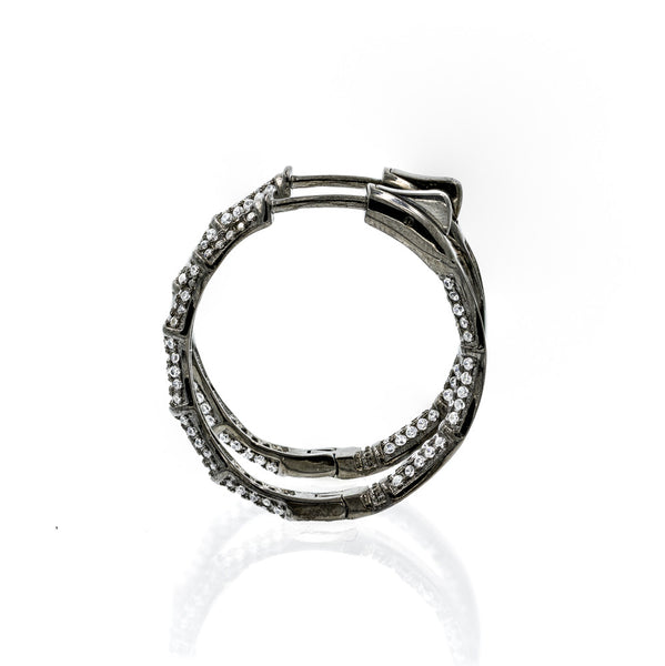 ZDE1700-B STERLING SILVER 925 BLACK RHODIUM PLATED FINISH BAMBOO HOOP EARRINGS 28MM