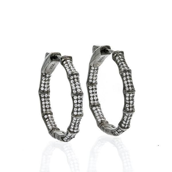 ZDE1700-B STERLING SILVER 925 BLACK RHODIUM PLATED FINISH BAMBOO HOOP EARRINGS 28MM