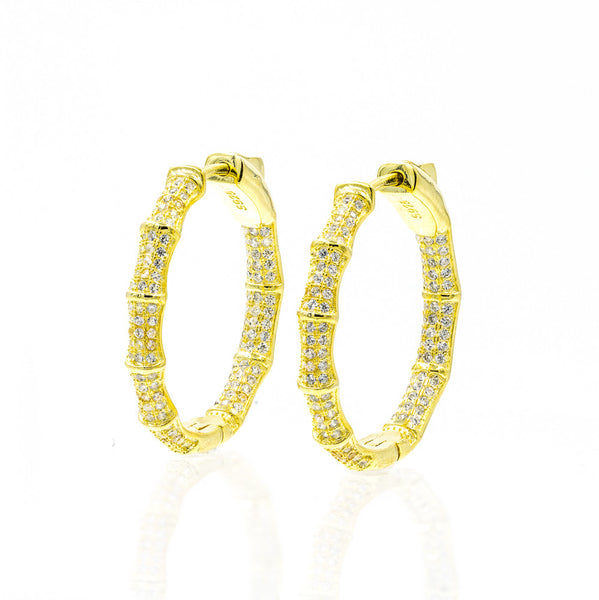ZDE1700-G STERLING SILVER 925 GOLD PLATED BAMBOO DESIGN HOOP EARRINGS WITH CZ