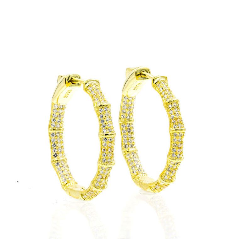 ZDE1700-G STERLING SILVER 925 GOLD PLATED BAMBOO DESIGN HOOP EARRINGS WITH CZ