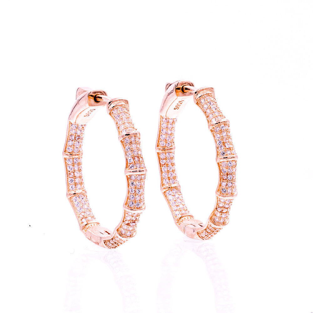 ZDE1700-R STERLING SILVER 925 ROSE GOLD PLATED FINISH BAMBOO HOOP EARRINGS 28MM