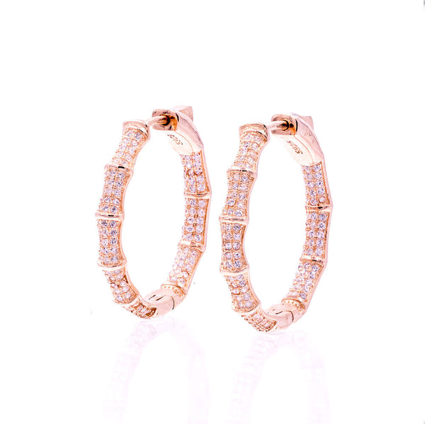ZDE1700-R STERLING SILVER 925 ROSE GOLD PLATED FINISH BAMBOO HOOP EARRINGS 28MM
