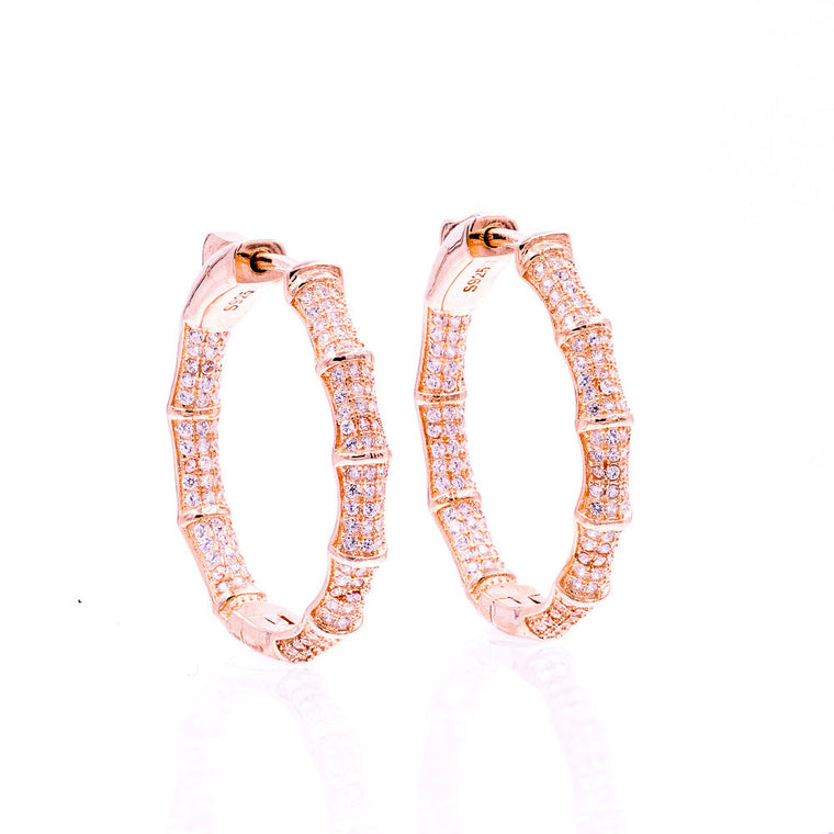 ZDE1700-R STERLING SILVER 925 ROSE GOLD PLATED BAMBOO DESIGN HOOP EARRINGS 28MM
