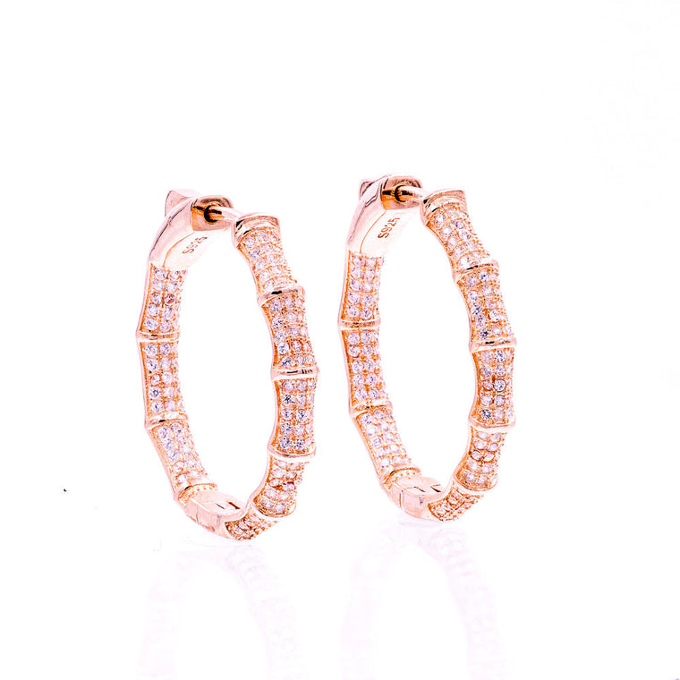 ZDE1700-R STERLING SILVER 925 ROSE GOLD PLATED FINISH BAMBOO HOOP EARRINGS 28MM