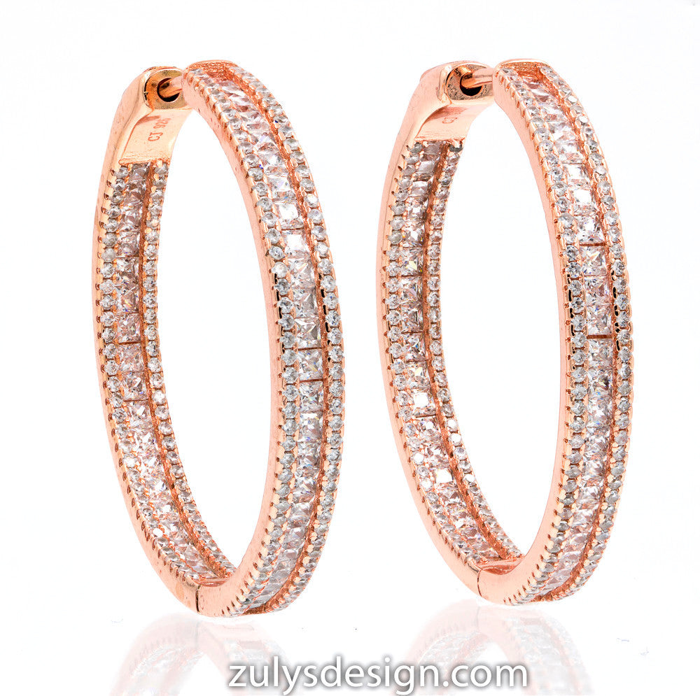ZDE1871-RG STERLING SILVER 925 ROSE GOLD PLATED FINISH WHITE CZ HOOP EARRINGS 38 MM