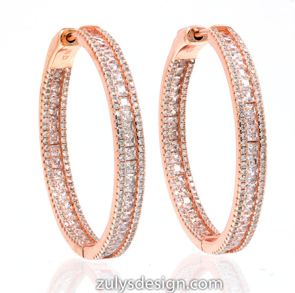 ZDE1871-RG STERLING SILVER 925 ROSE GOLD PLATED FINISH WHITE CZ HOOP EARRINGS 38 MM