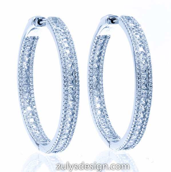 ZDE1871 STERLING SILVER 925 RHODIUM PLATED FINISH WHITE CZ HOOP EARRINGS 38 MM