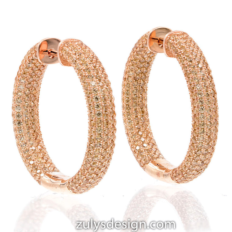 ZDE2003-RG  STERLING SILVER 925 ROSE GOLD PLATED FINISH CHAMPAGNE PAVE CZ HOOP EARRINGS 30 MM