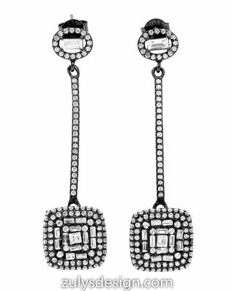 ER2106W-B STERLING SILVER 925 BLACK RHODIUM PLATED WHITE CZ DROP EARRINGS