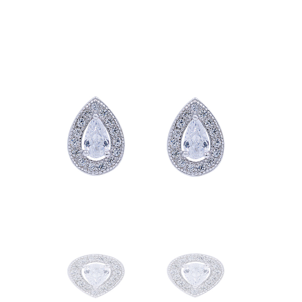 ZDE303 STERLING SILVER 925 RHODIUM PLATED FINISH TEAR DROP SHAPE CZ EARRINGS