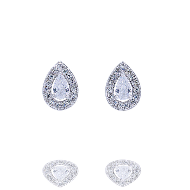 ZDE303 STERLING SILVER 925 RHODIUM PLATED FINISH TEAR DROP SHAPE CZ EARRINGS